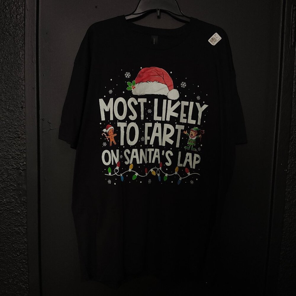NWT Gildan Funny Christmas T-Shirt "Most Likely to Fart on Santa's Lap" Size 2XL